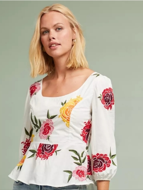 Maeve Tops - Maeve by Anthropologie Womens Boho White Petal-Embroidered Poplin Blouse Sz 14